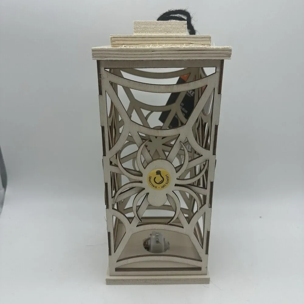 2PC Halloween Wooden Spider Lantern LED Light Up Centerpiece Decoration
